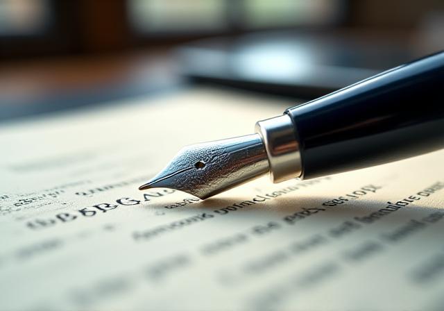 Close-up of a high-end fountain pen resting on a custom legal document