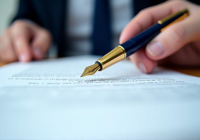Close up of a legal professional reviewing a complex contract with a gold pen